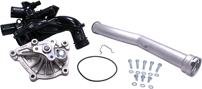 HEU0115 – CRP Automotive rein water pump service kit wpu0521 for mini n-series engines, shown with metal impeller water pump, gasket, thermostat, coolant pipe, and hardware.