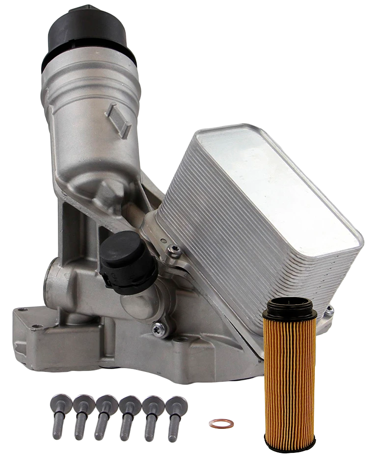 Rein HEU0116 aluminum oil filter housing assembly for BMW B58 engine with pre-installed oil cooler, oil filter, gaskets, and mounting hardware.