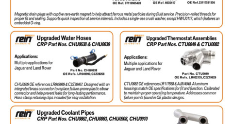 CRP New Parts Highlights May 2026 infographic listing four product families and part numbers: Magnetic Drain Plugs, Upgraded Water Hoses, Upgraded Thermostat Assemblies, and Upgraded Coolant Pipes with vehicle applications.