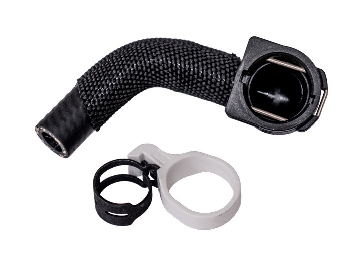 Rein Turbocharger Coolant Hose Solution for BMW B58 3.0L applications, including the rubber hose section, quick-connect fitting, and pre-opened hose clamp.