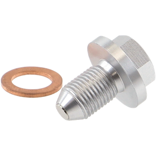 Rein Magnetic Oil Drain Plug with aluminum construction, a flush-tip captive magnet, and a single-use crush washer.
