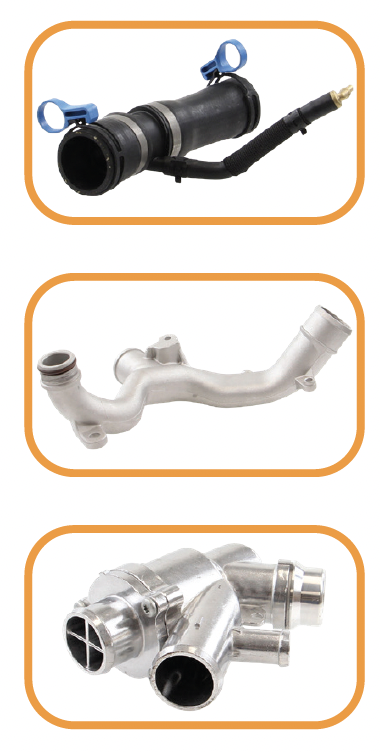 Rein metal cooling system upgrades for Jaguar and Land Rover, including water hoses with brass connectors, aluminum coolant pipes, and thermostat assemblies with aluminum housings.