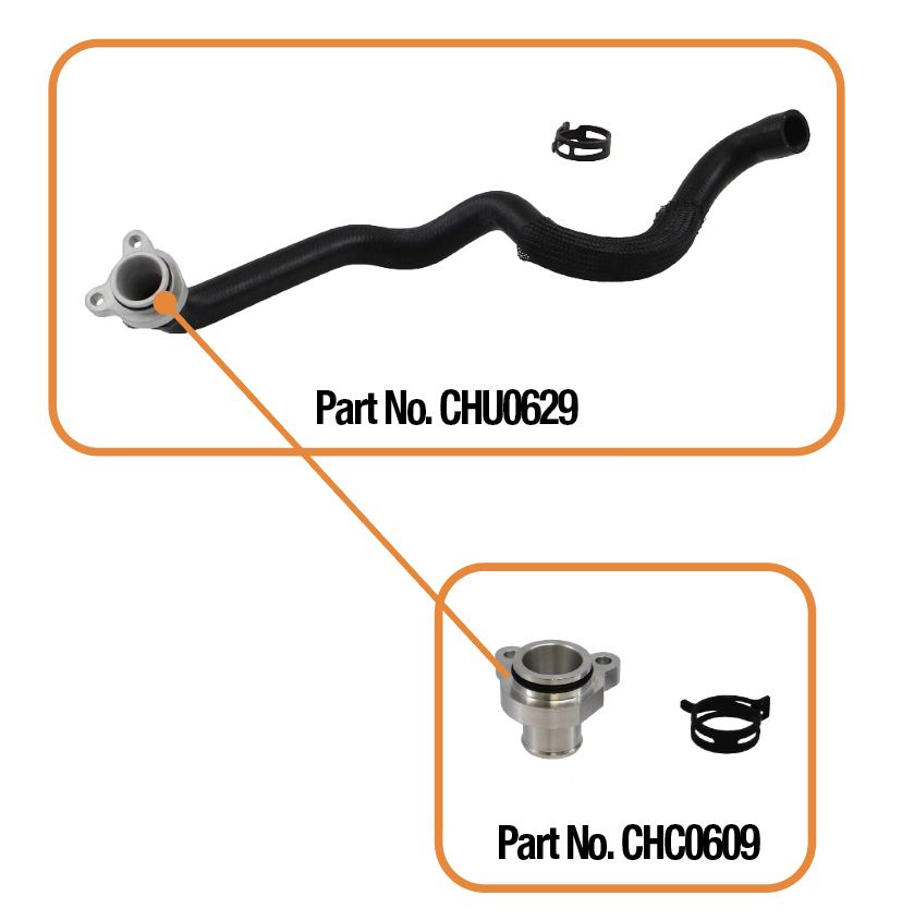Rein Upgraded Thermostat Hose with a pre-mounted metal connector for BMW, shown with the Rein individual metal connector.