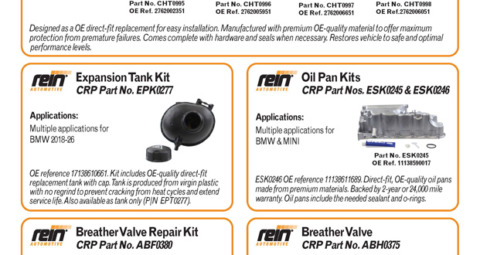 CRP Automotive New Parts Highlights July 2026 catalog page displaying four kits: Turbocarger Coolant Lines, Expansion Tank Kit, Oil Pan Kits, Breather Valve Repair Kit with basic applications.