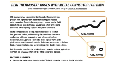 Product release flyer for Rein Thermostat Hoses with Metal Connector for BMW; includes the effective date, hose image, metal connector image, and key features.