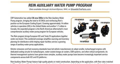 Promotional flyer for Rein Automotive announcing the Rein Auxiliary Water Pump Program with an effective date of September 2, 2026.