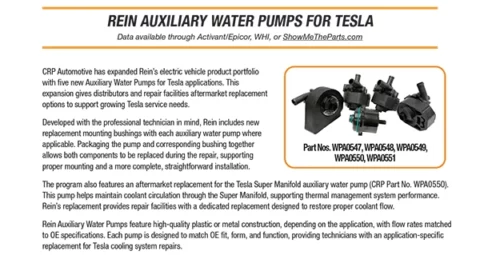 Poster-style flyer with 'This Just In!' heading announcing Rein auxiliary water pumps for Tesla; includes a pump image and CRP Automotive logo.